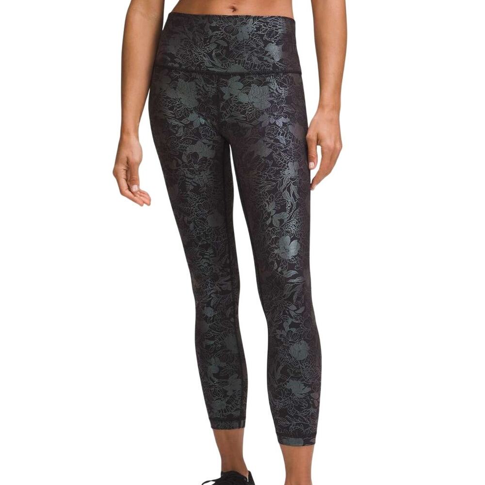 Lululemon Wunder Under High-Rise Tight Shine Logo Black Iridescent Foil Sz 4 EUC